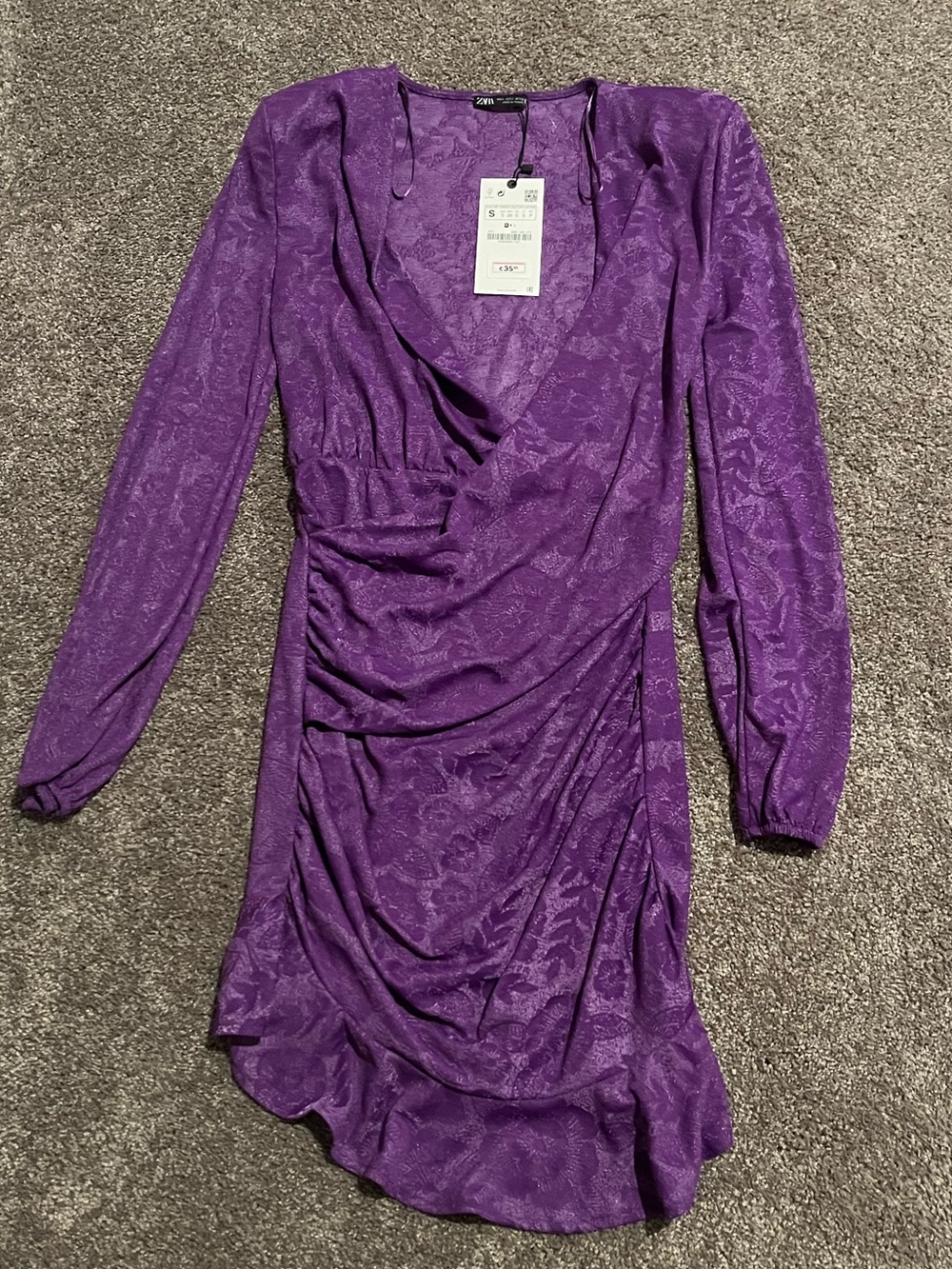 NEW Zara Purple Long-Sleeve Ruched Wrap Dress, Small with Tags
